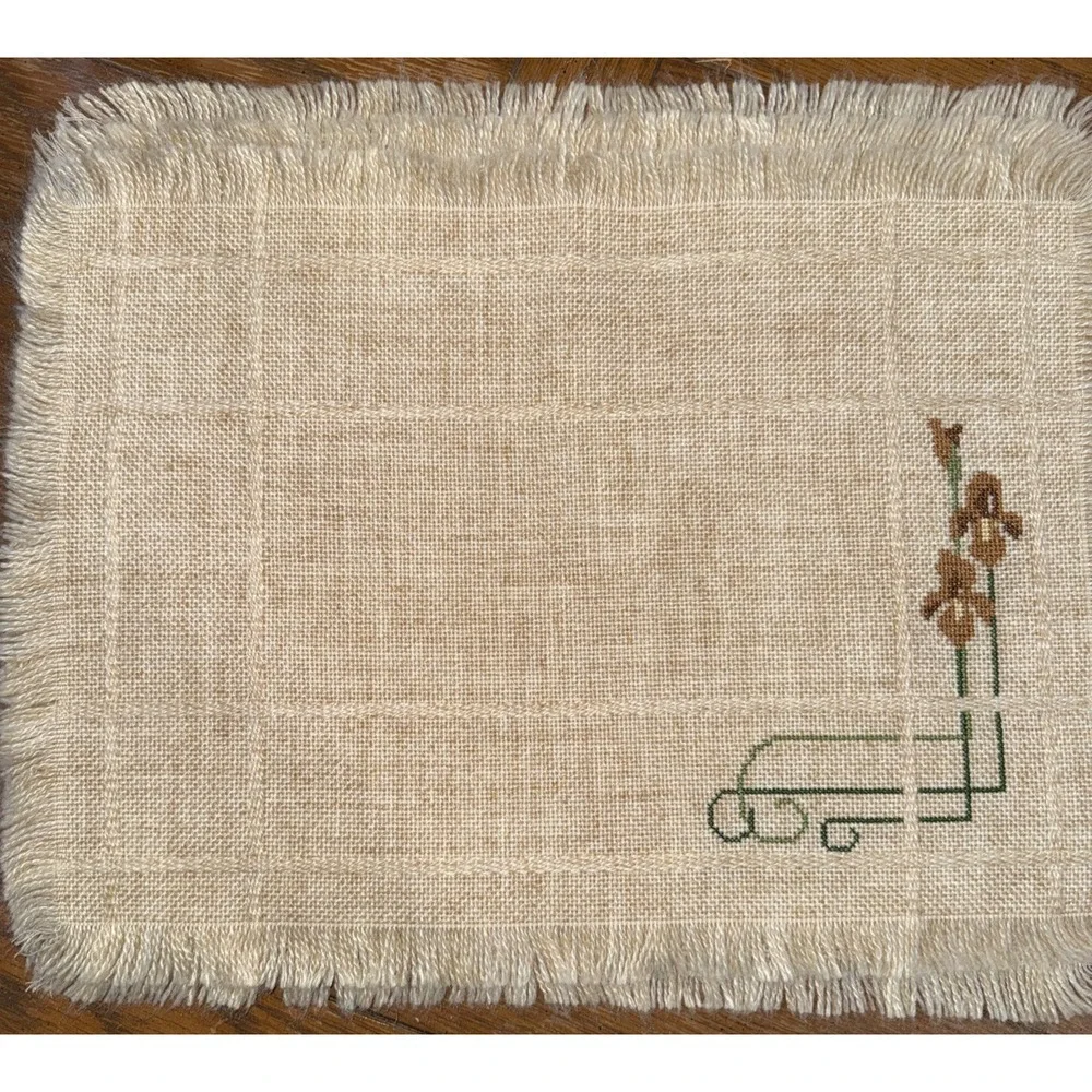Cross Stitch Placemats 4 Tan Mat With Fringe With Brown Green Flowers 12"x16.5"‎
